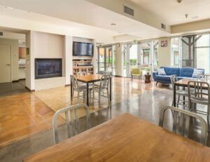 Crescent Cove community room with TV, lounge areas, fireplace