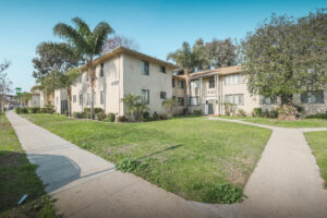 exterior of building surrounded by grass and palm trees on sunny day