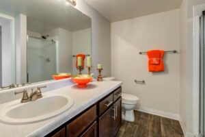 Well lit mirror and vanity, brown cabinets, walk in shower