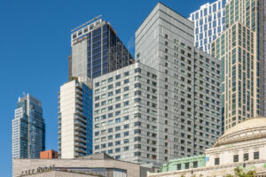 Exterior 7 DeKalb, and neighboring buildings. photo taken from the ground up at high rises, photo taken on a sunny day