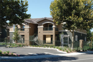 Exterior Rivers Senior residential building, gated community, meticulous landscaping.