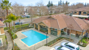 Aerial Exterior of rivers senior swimming pool, lobby in background, photo taken in winter.