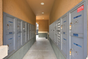 Covered cluster mailbox units.